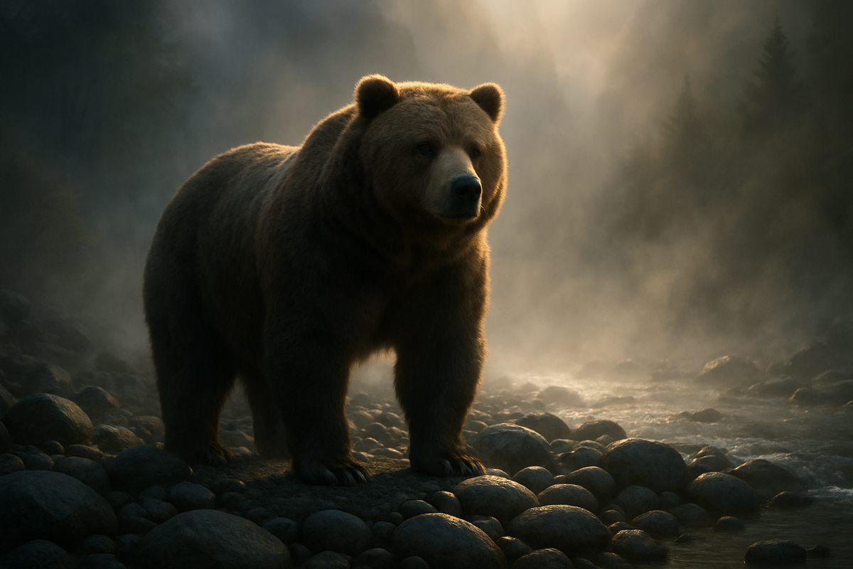 Grizzly bear standing beside a misty river symbolizing strength and introspection