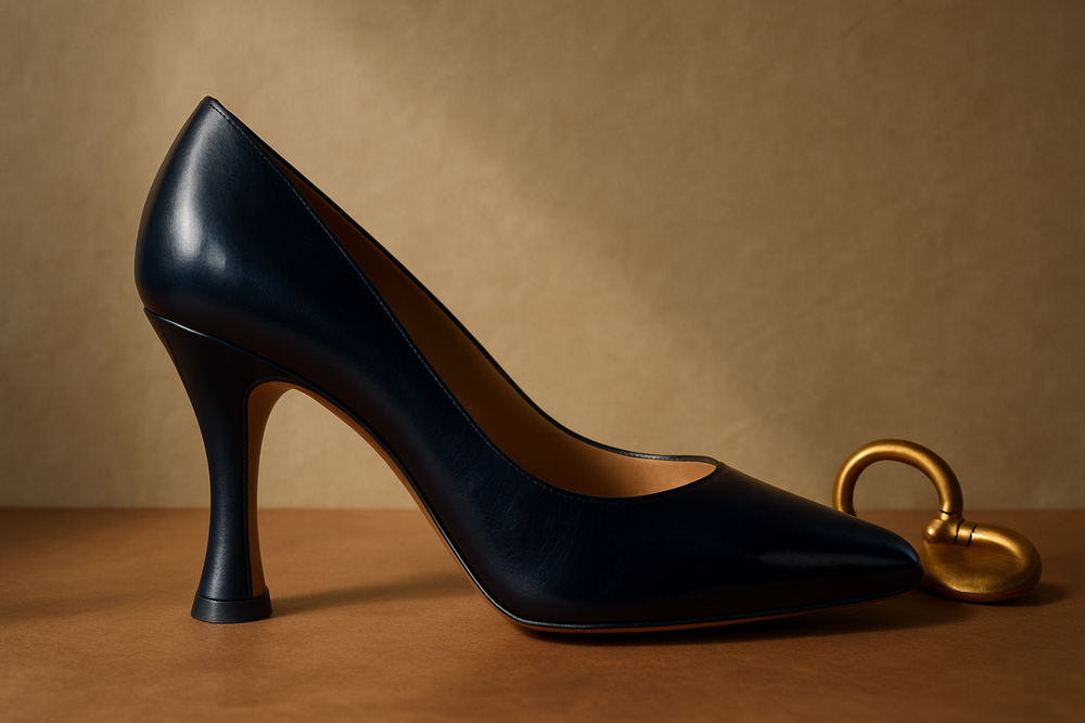 Cone heel shoe with tapering silhouette
