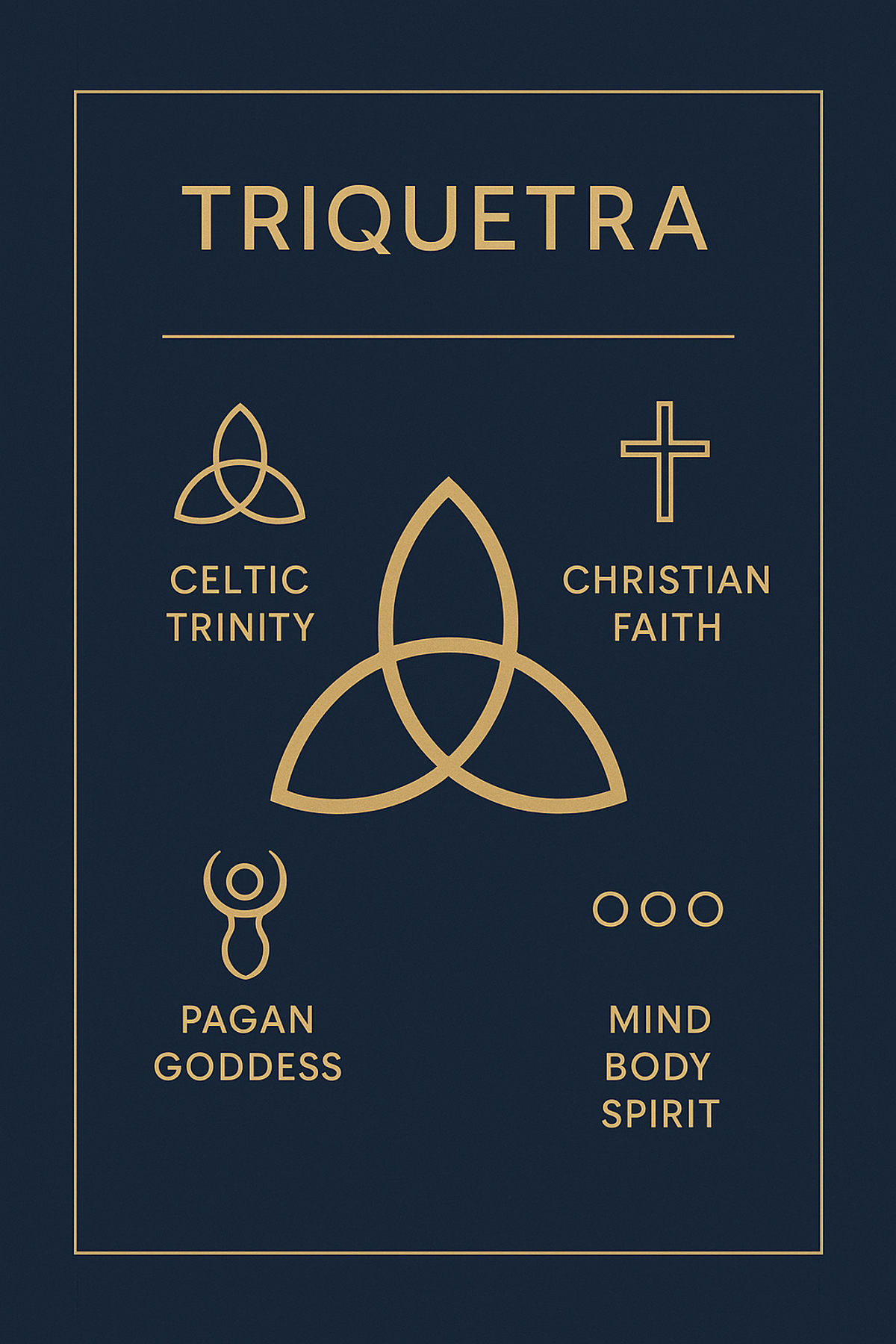 Infographic showing four meanings of the triquetra at a glance: Celtic trinity, Christian faith, pagan goddess, mind body spirit