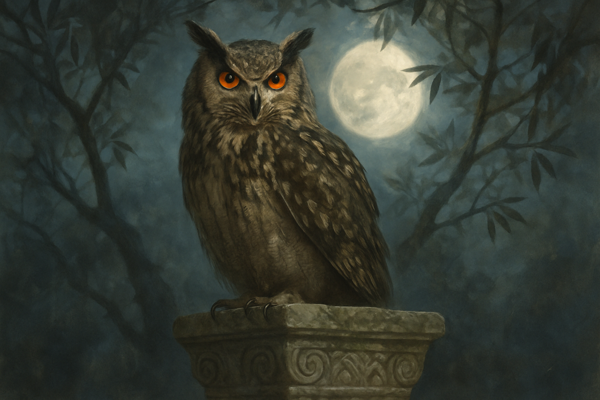 An owl perched on an ancient carved stone pillar under moonlight symbolizing wisdom
