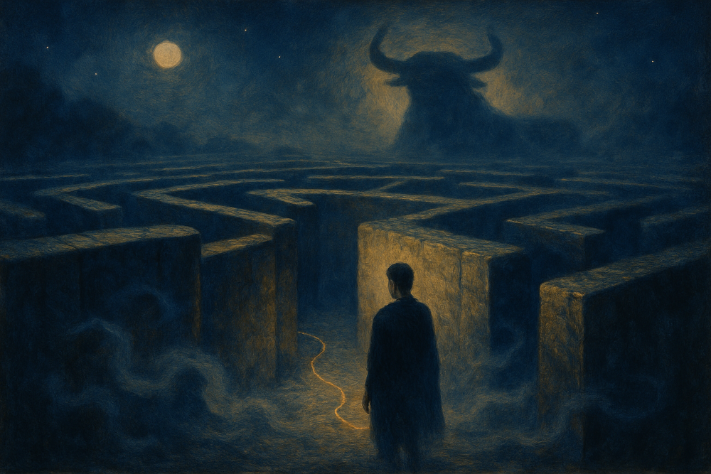 A dreamlike figure standing before a moonlit labyrinth with a shadowy bull silhouette