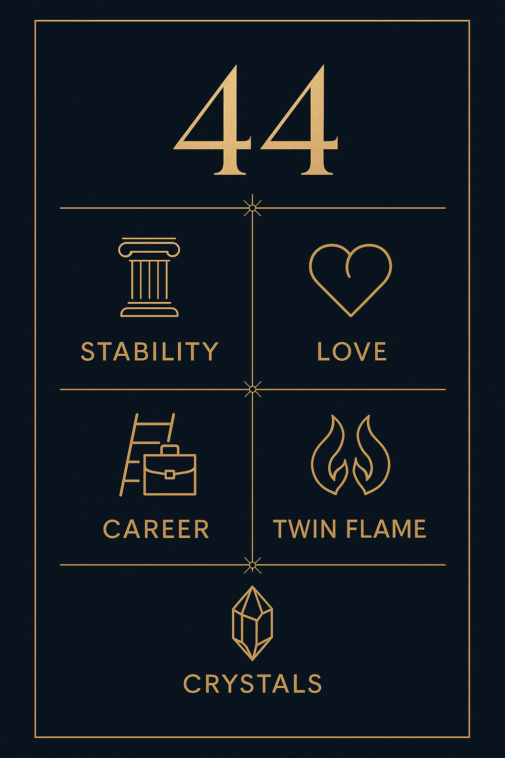 Angel number 44 meanings infographic covering stability, love, career, twin flame and crystals