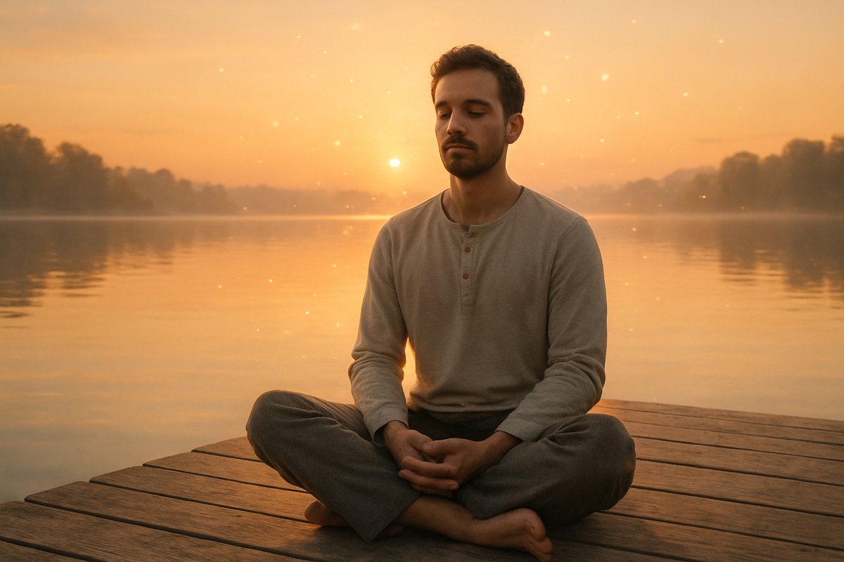 Person meditating at sunrise by calm water symbolizing spiritual alignment with 0707