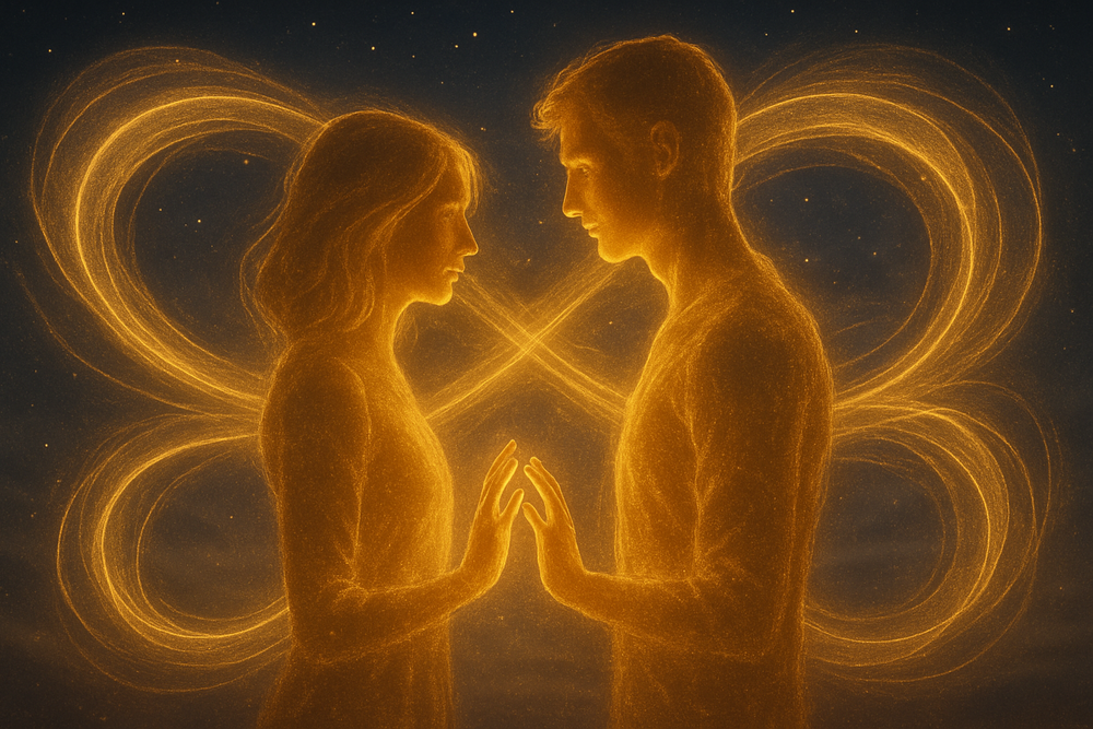 Golden light silhouettes representing a twin flame spiritual connection under angel number 88