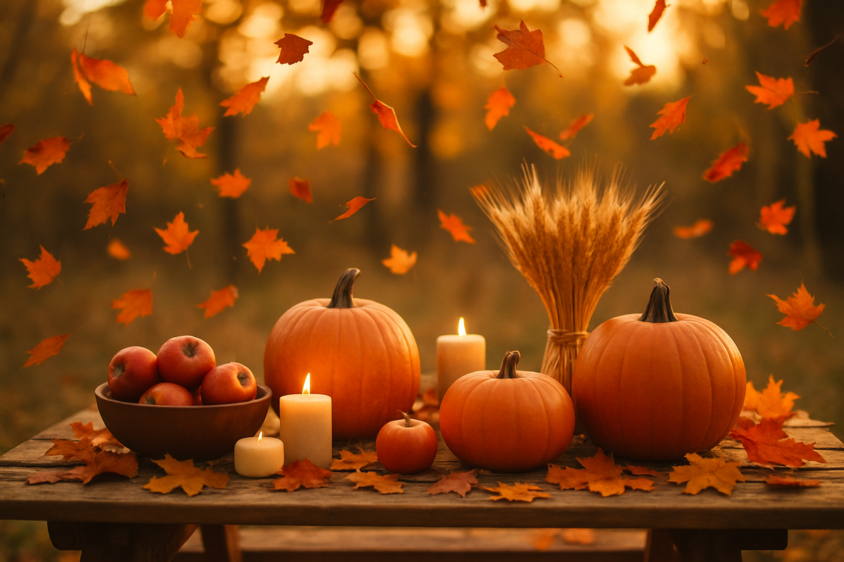Rustic harvest table with pumpkins and autumn produce for fall festivals