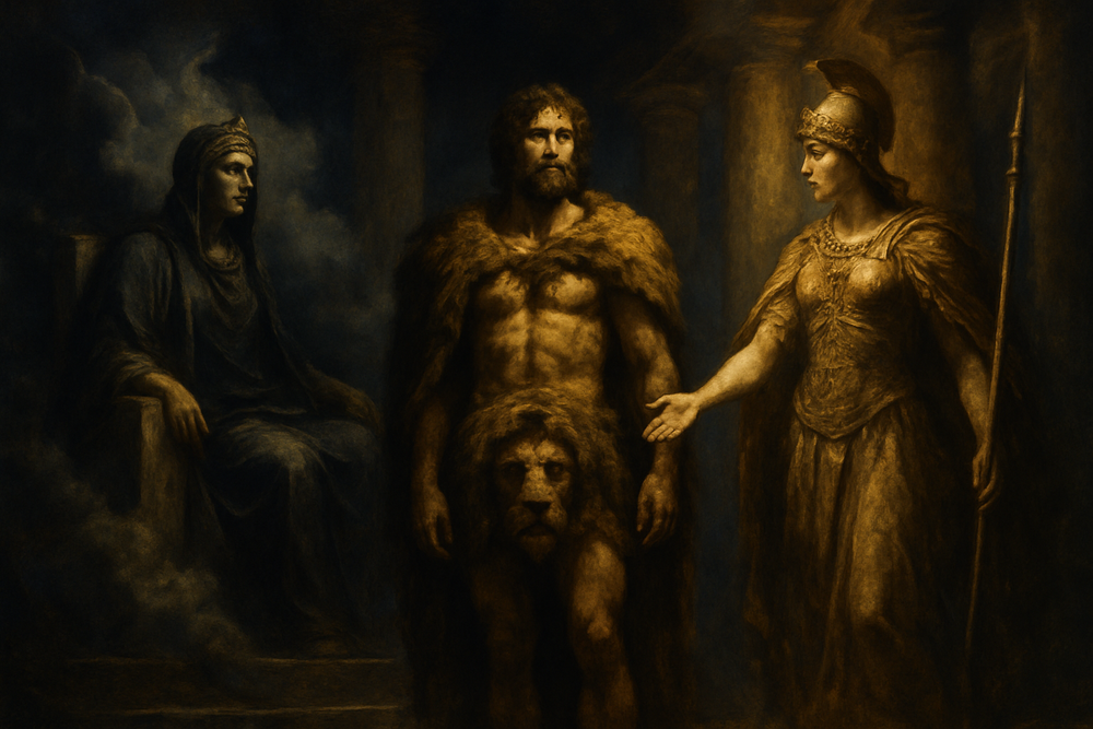 Heracles standing between the hostile goddess Hera and the guiding goddess Athena