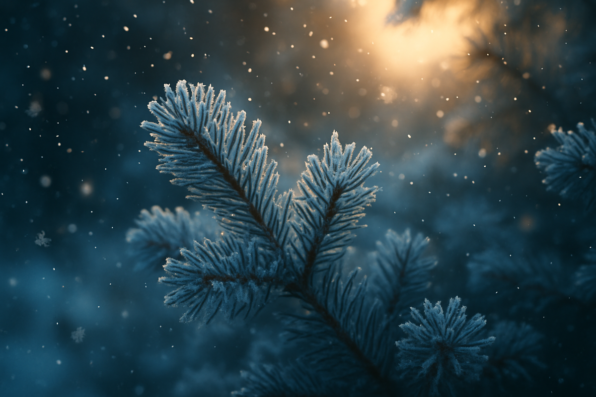 Frost-covered branches with falling snowflakes in golden winter light