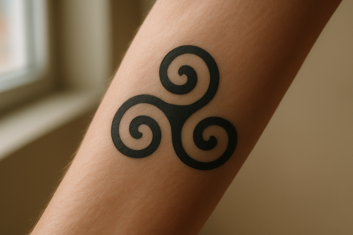 Minimalist triple spiral tattoo symbolizing growth and life's cycles