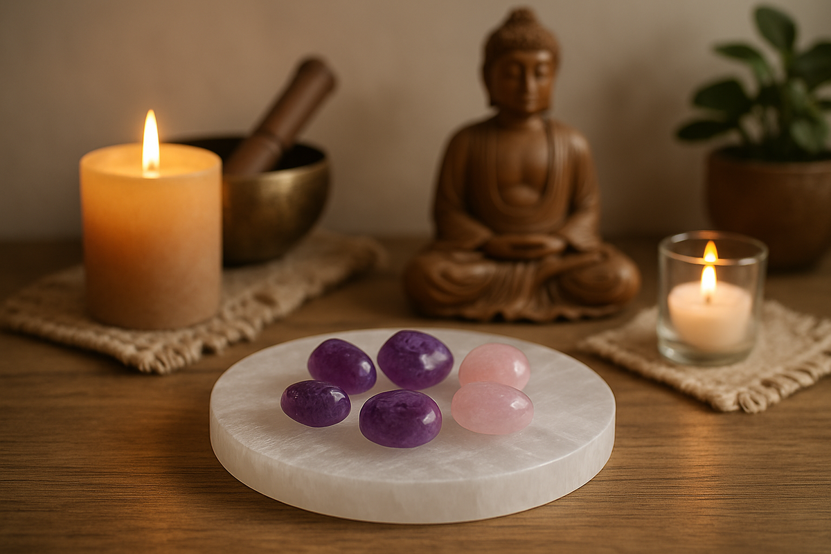 Selenite charging plate used to cleanse amethyst and rose quartz crystals