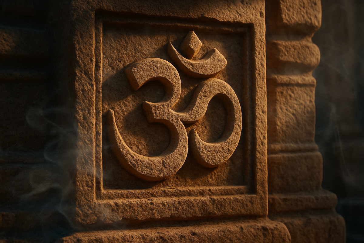 Carved Om symbol on an ancient Hindu temple wall with incense smoke drifting past