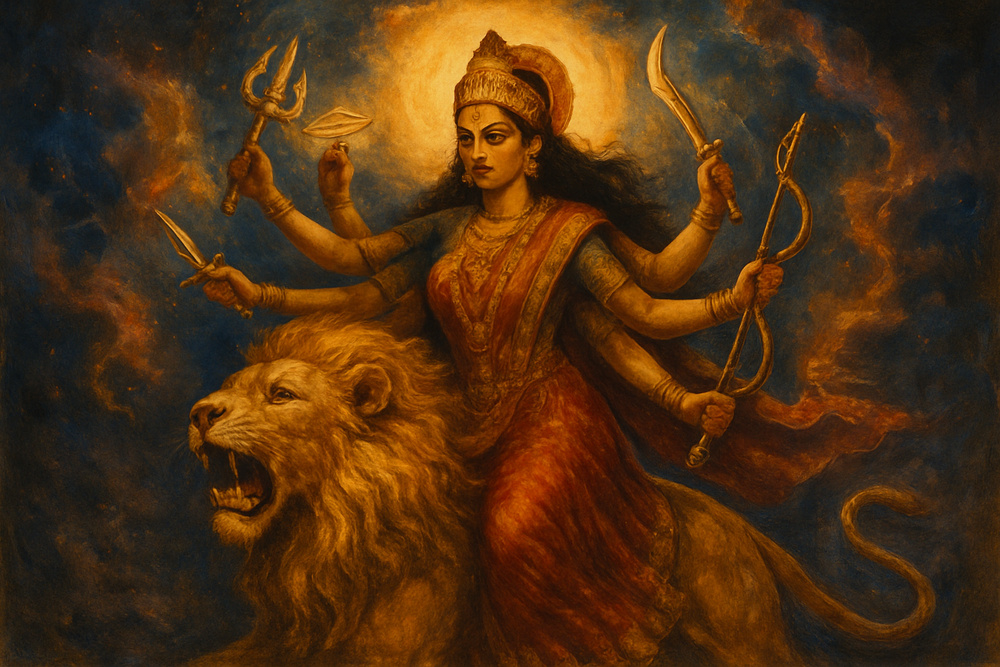 Goddess Durga riding a lion into battle, armed with weapons from the gods