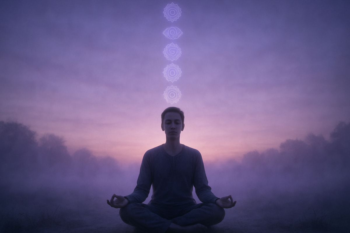 Person meditating with chakra energy symbols aligned above the head