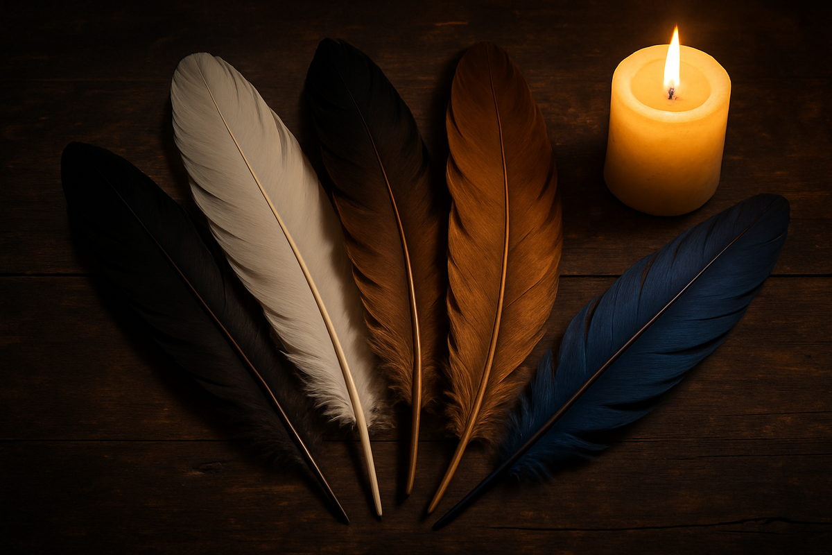 An array of colorful feathers arranged on a wooden altar with candlelight