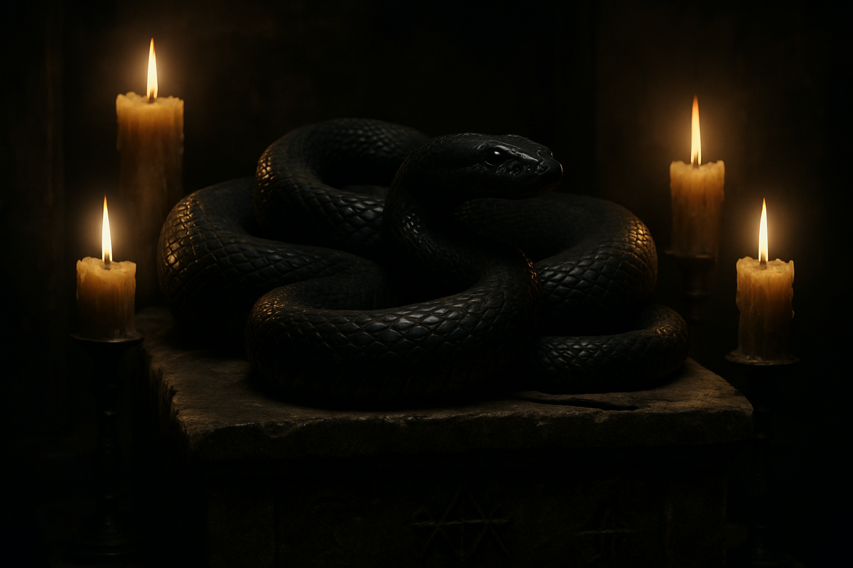 Serpent coiled on a stone altar symbolizing deceit and evil