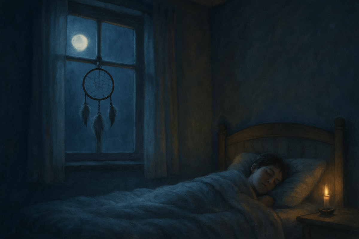 Dream catcher hanging near a window in a moonlit bedroom