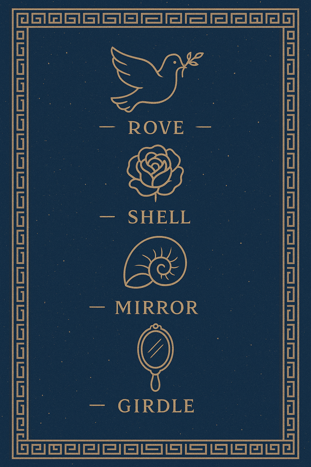 Infographic of Aphrodite's sacred symbols: dove, rose, shell, mirror, girdle