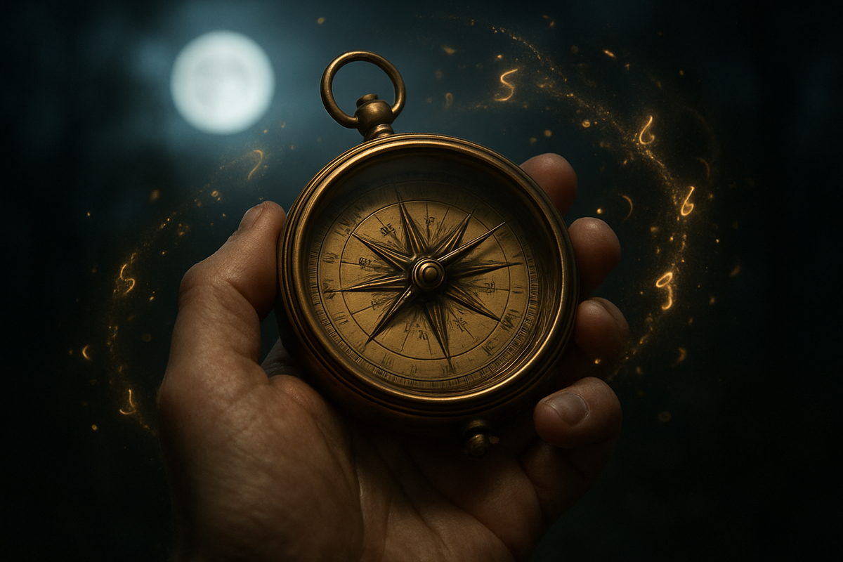 A hand holding a glowing compass symbolizing guidance and new beginnings