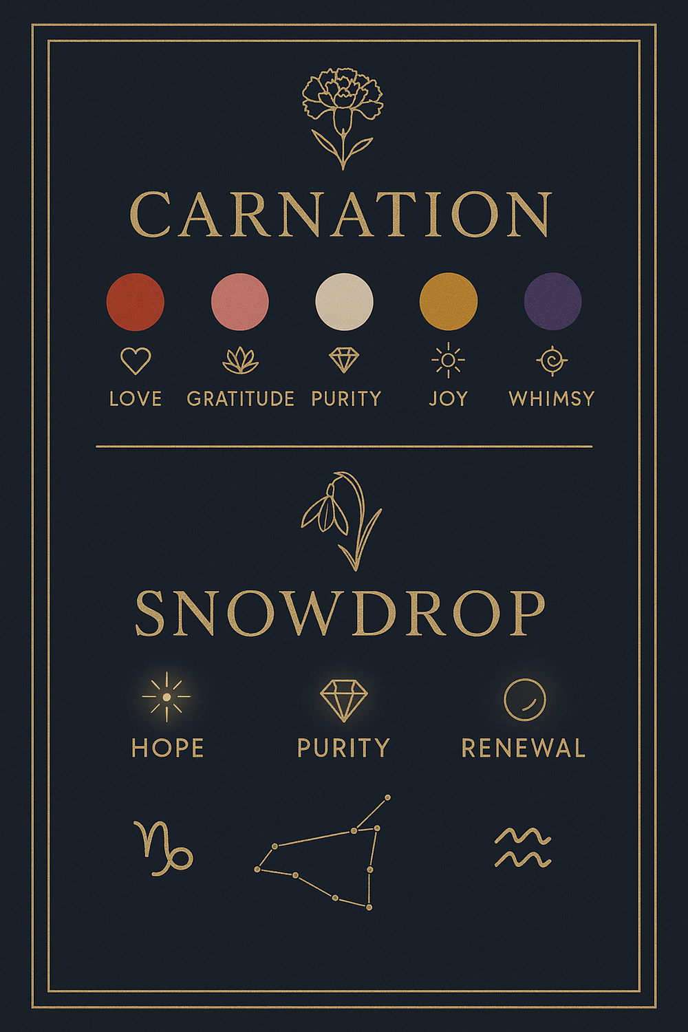 Infographic of Carnation and Snowdrop meanings by color and zodiac