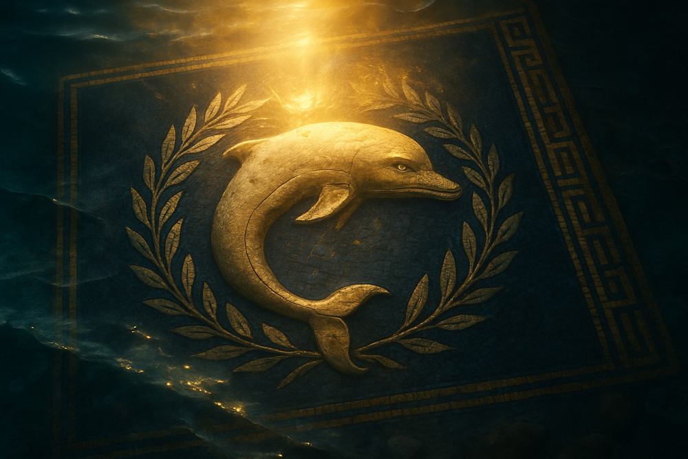 Ancient Greek stone mosaic of a dolphin bathed in golden light near the sea
