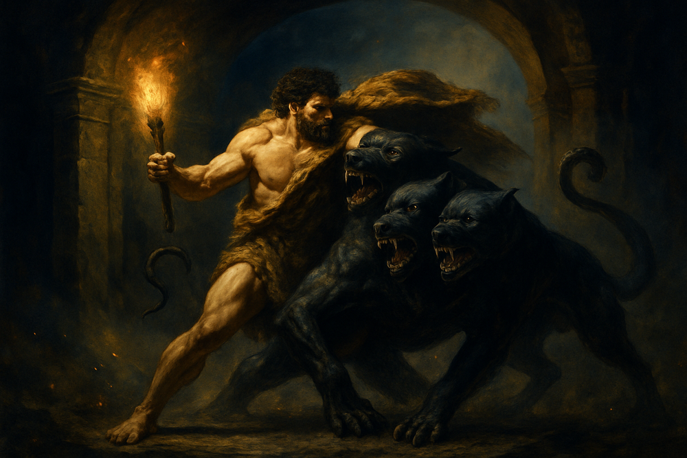 Heracles wrestling Cerberus at the gates of the Underworld