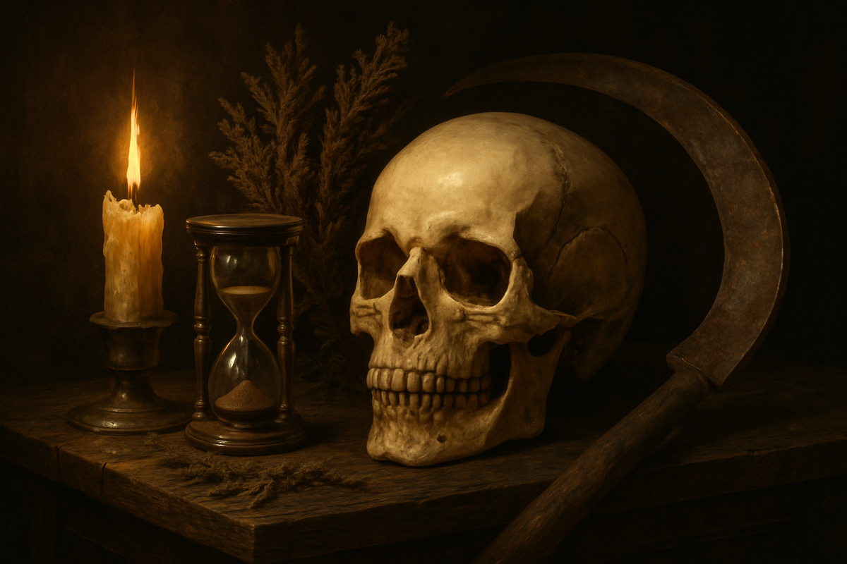 Skull, hourglass and scythe arranged as symbols of death on a wooden altar