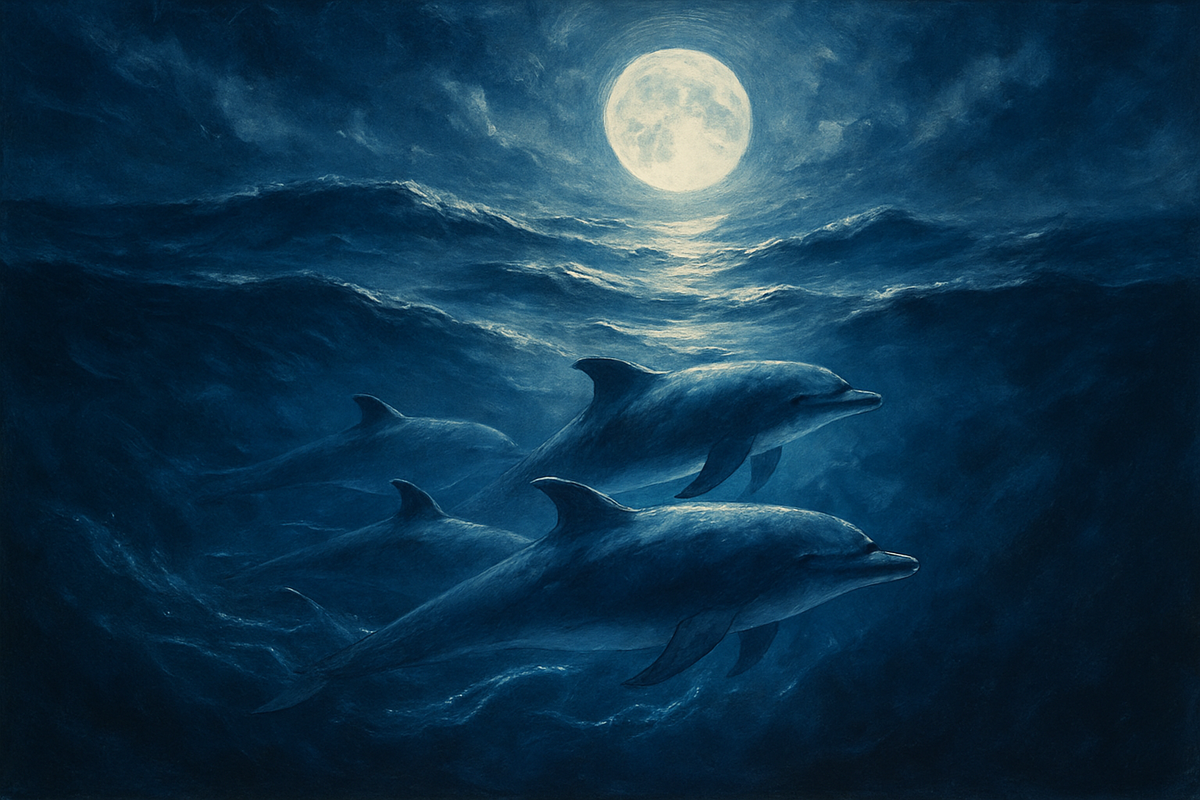 A pod of dolphins swimming together beneath moonlit ocean waves with glowing bioluminescent trails