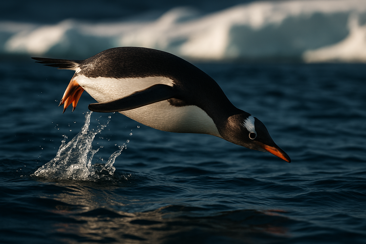 Penguin diving into the ocean symbolizing dual nature between land and sea