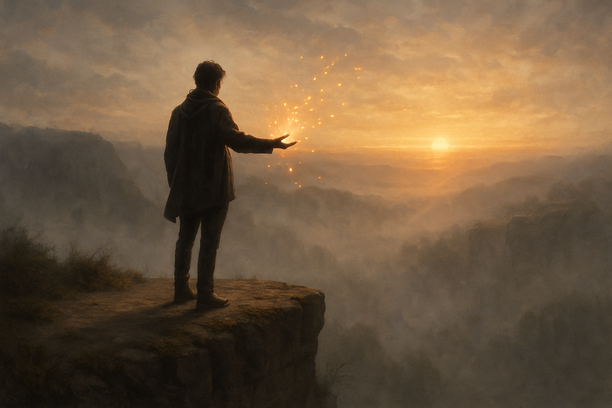 A person releasing glowing light into the wind at sunrise symbolizing letting go
