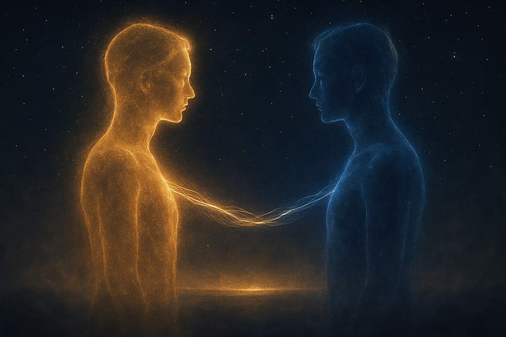 Twin flame energies connecting under a starlit sky, symbolizing angel number 55's spiritual partnership meaning