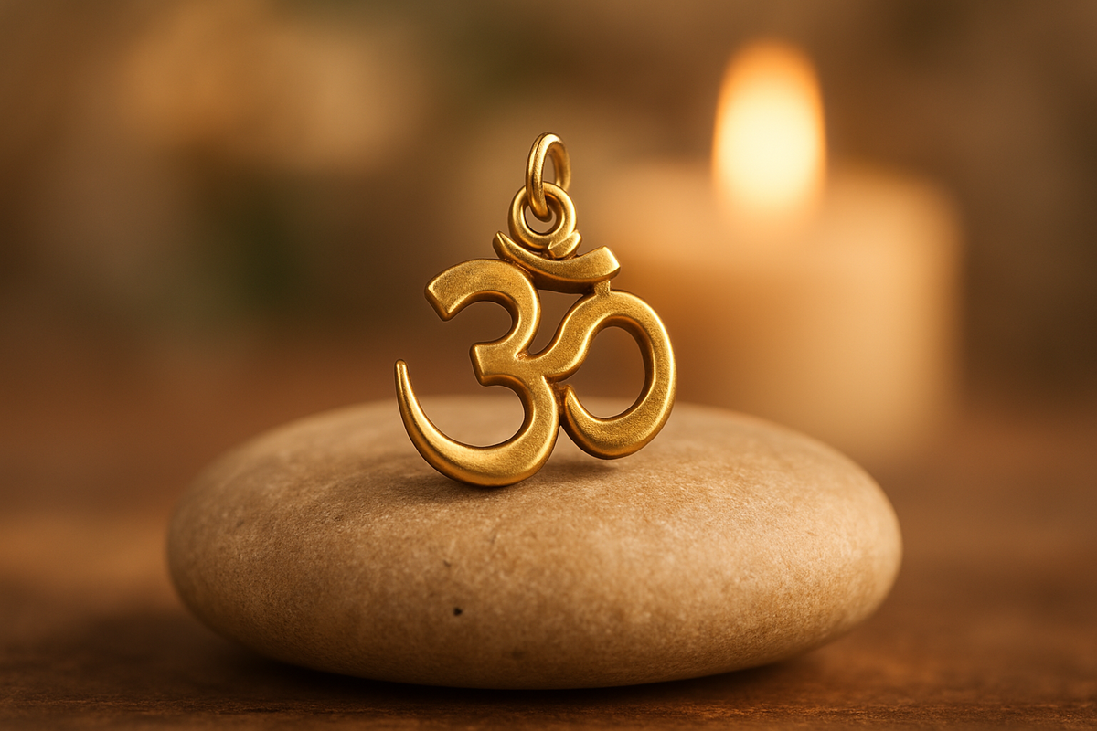 Golden Om symbol pendant symbolizing universal consciousness and meditation