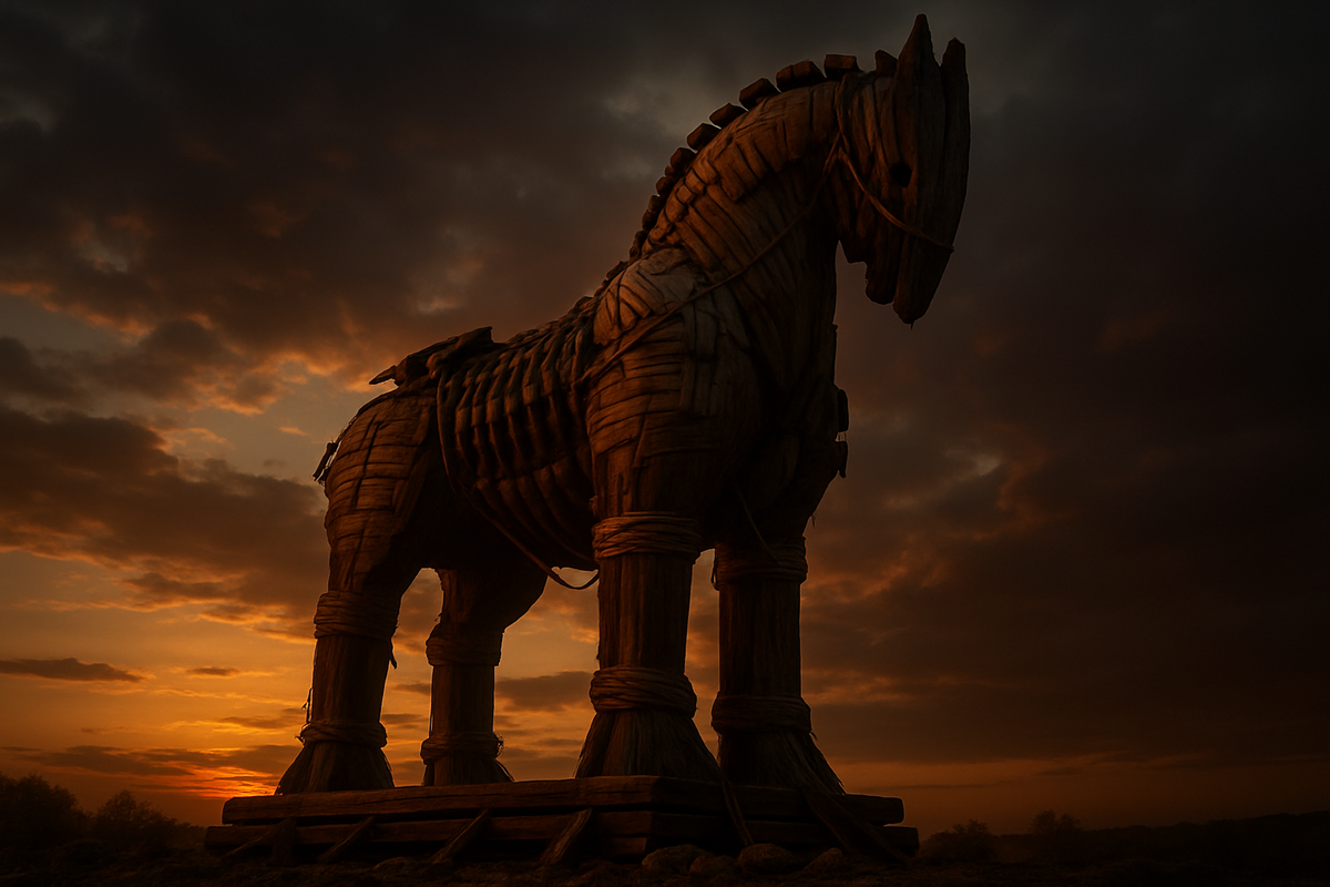 Wooden Trojan Horse statue symbolizing betrayal and deceit in war