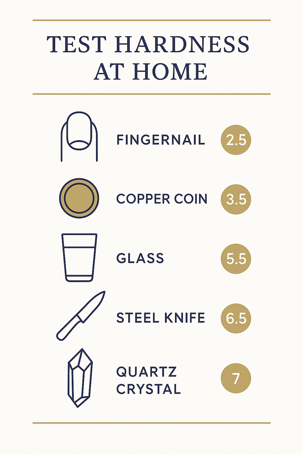 Infographic showing household items used to test mineral hardness on the Mohs scale