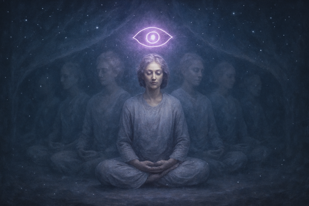 Person meditating with glowing third eye light and faint echoing silhouettes representing deja vu and intuition