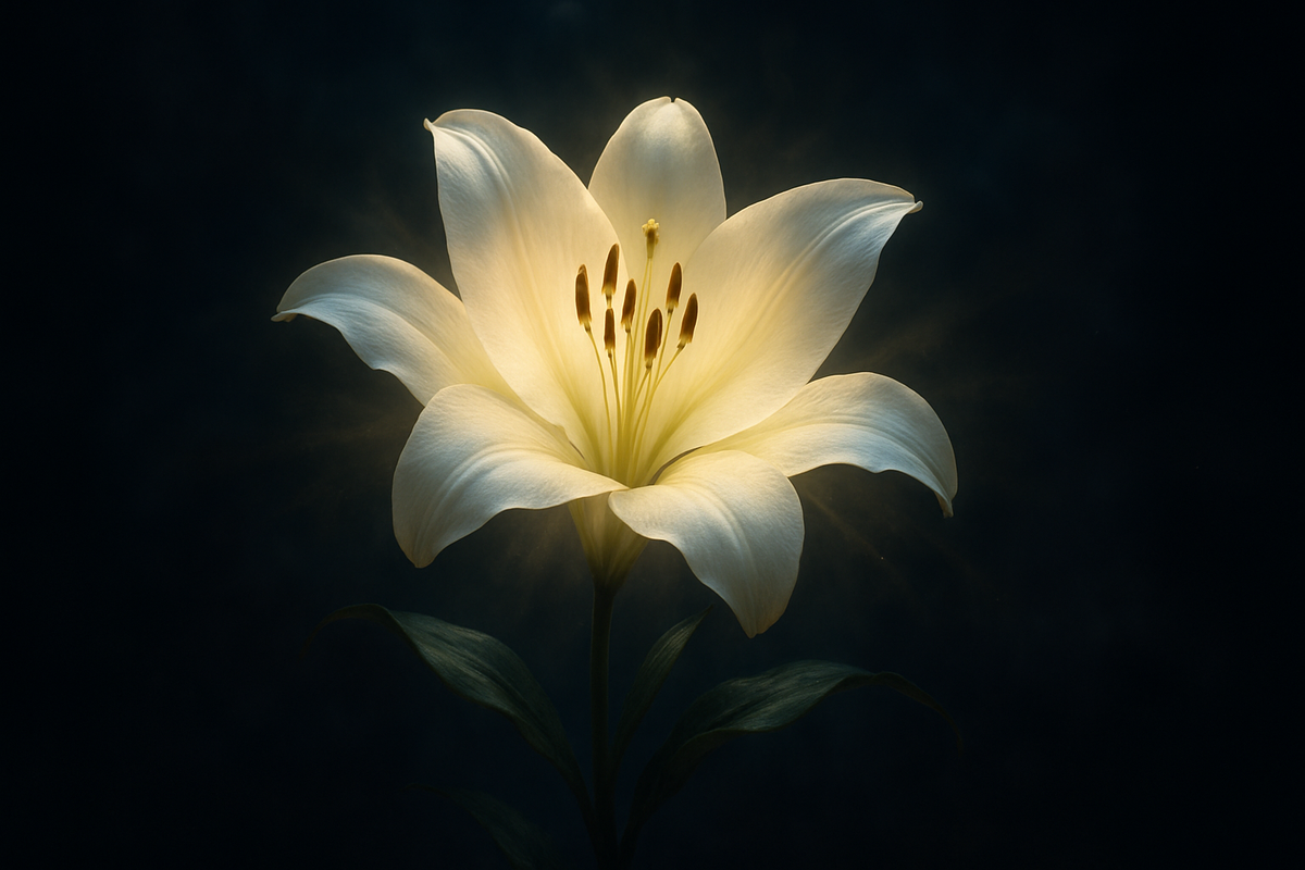 A glowing white lily symbolizing purity and spiritual renewal