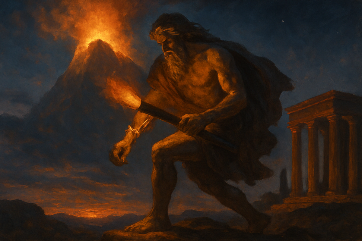 Prometheus carrying stolen fire down from Olympus in a hollow reed
