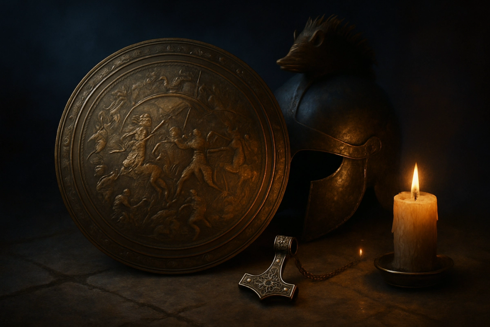 Ancient European war symbols including shield, hammer, and boar helmet