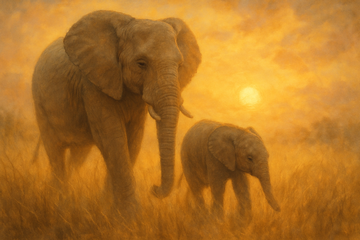 Mother elephant walking with her calf through golden grass at sunset