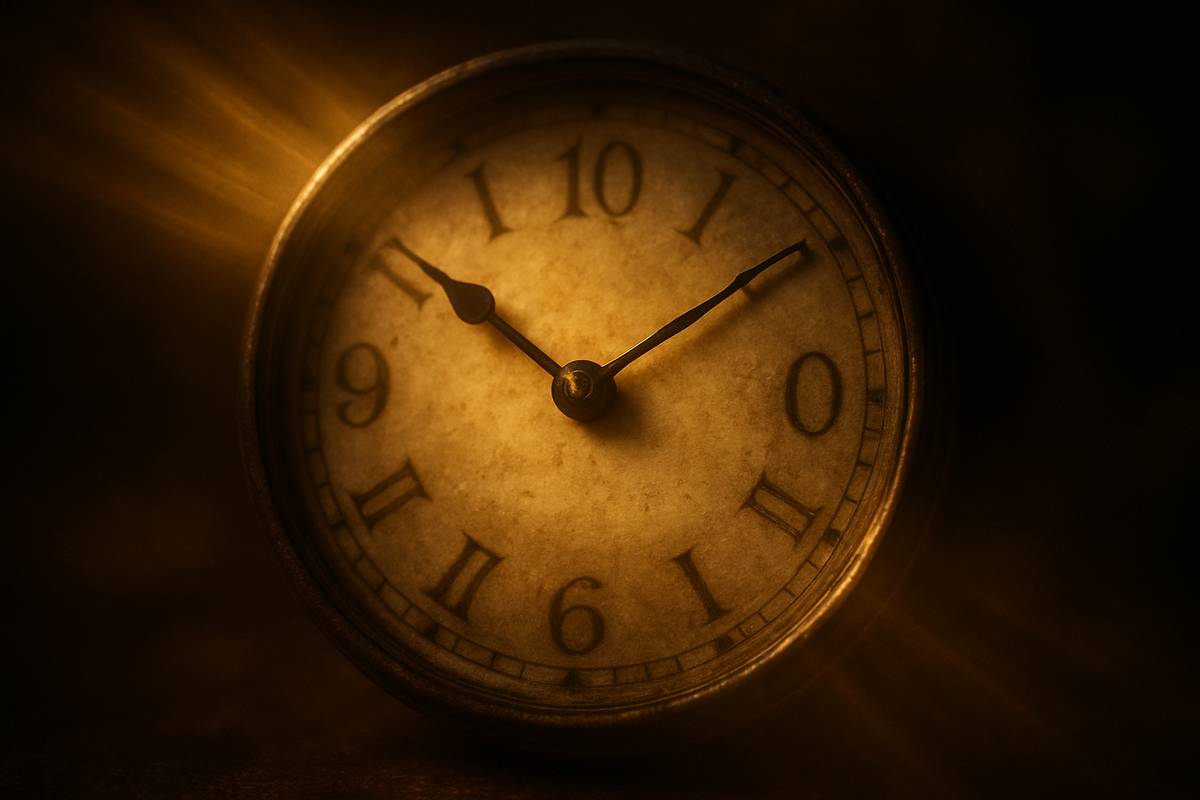 Analog clock glowing softly in warm light symbolizing the moment of seeing angel number 2020