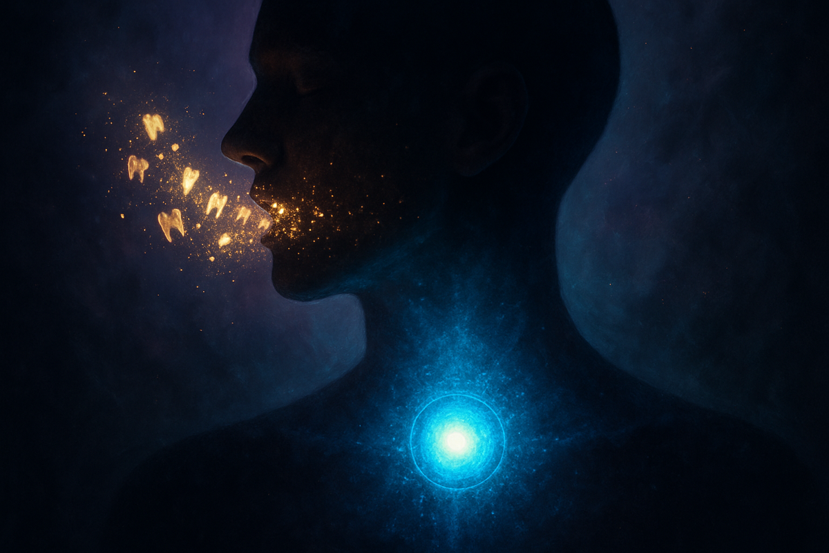 Glowing silhouette symbolizing the spiritual link between teeth, voice, and the throat chakra