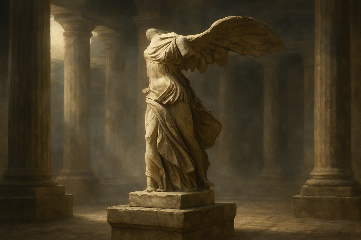 Marble statue of the winged victory goddess Nike in an ancient temple courtyard
