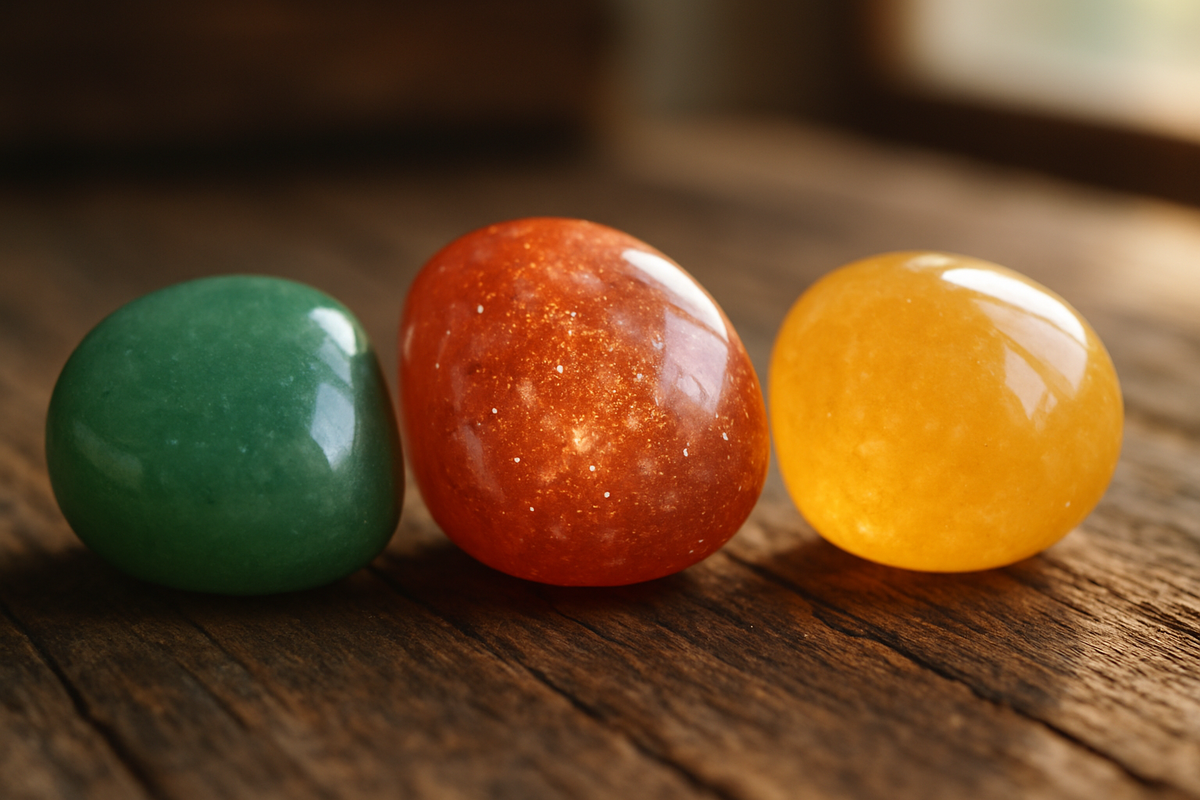 Green aventurine, orange sunstone, and golden sunflower aventurine stones side by side showing their different sparkle