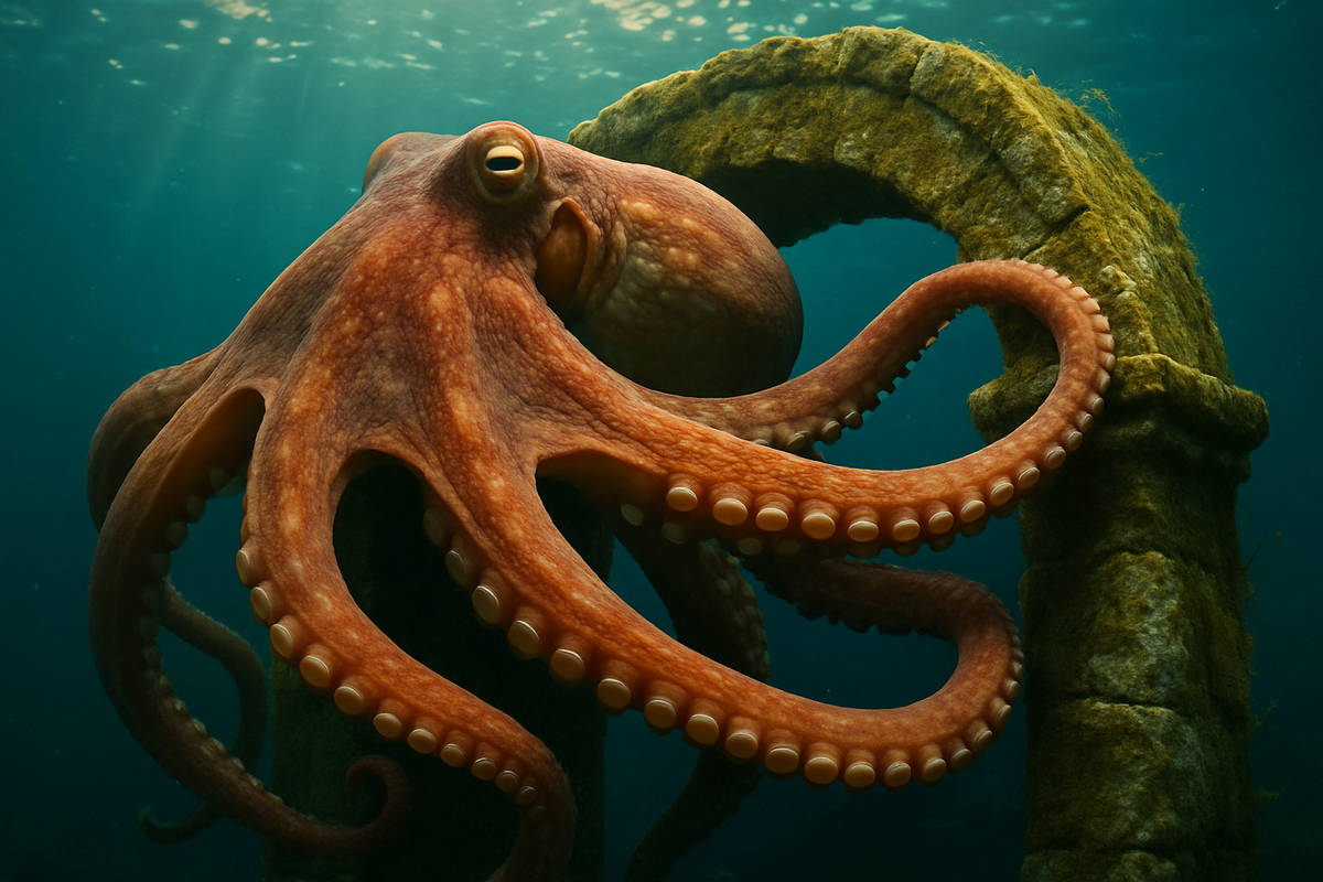 Octopus wrapping its arms around an ancient underwater stone archway, symbolizing mystery and hidden wisdom