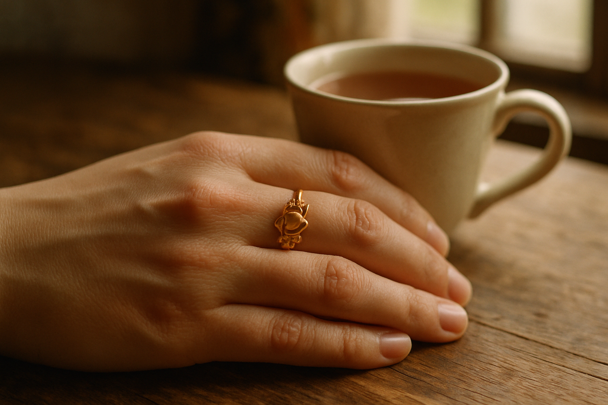 Hand wearing a gold Claddagh ring with the heart facing inward