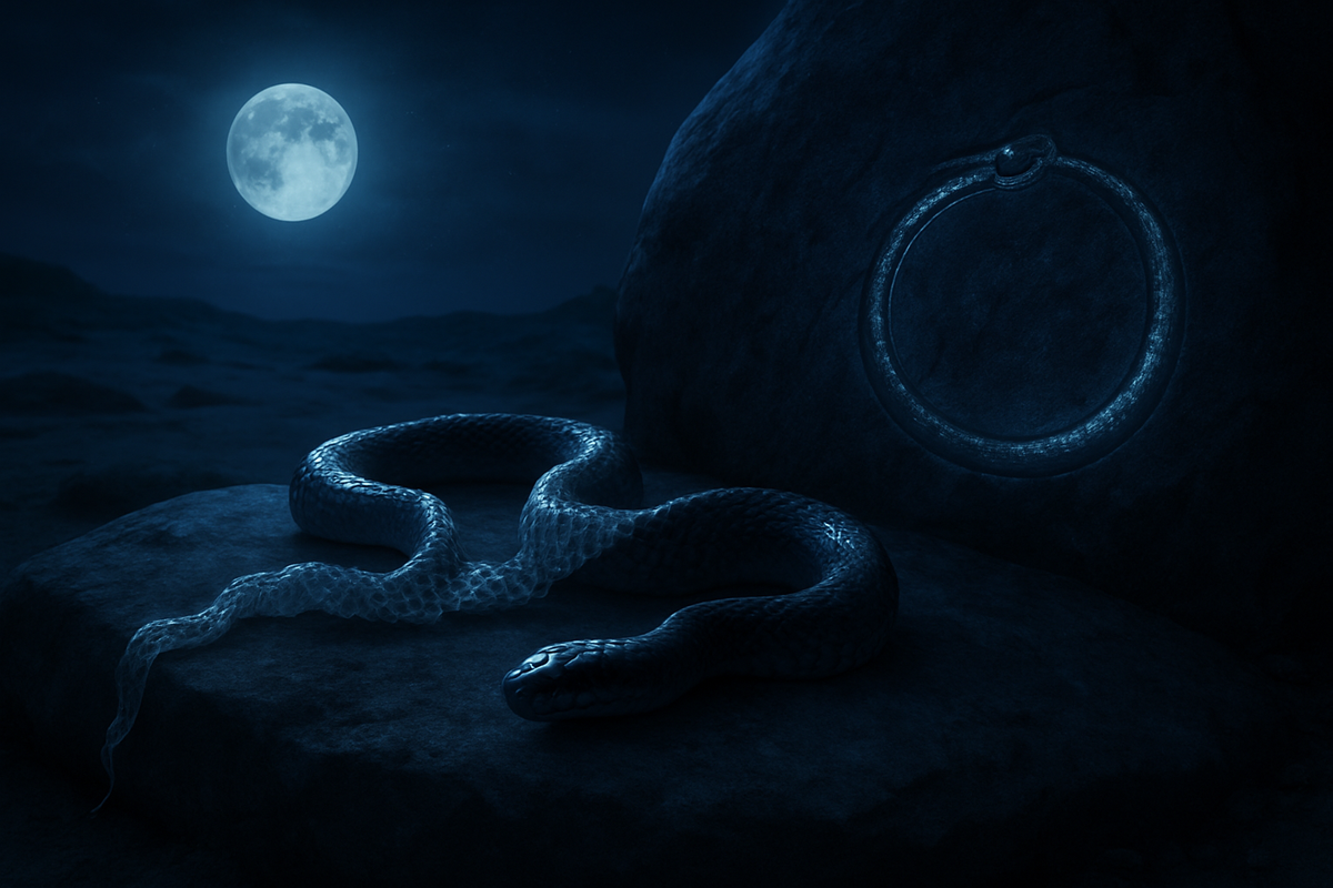 A snake shedding its skin beside an ancient carved ouroboros symbol under moonlight