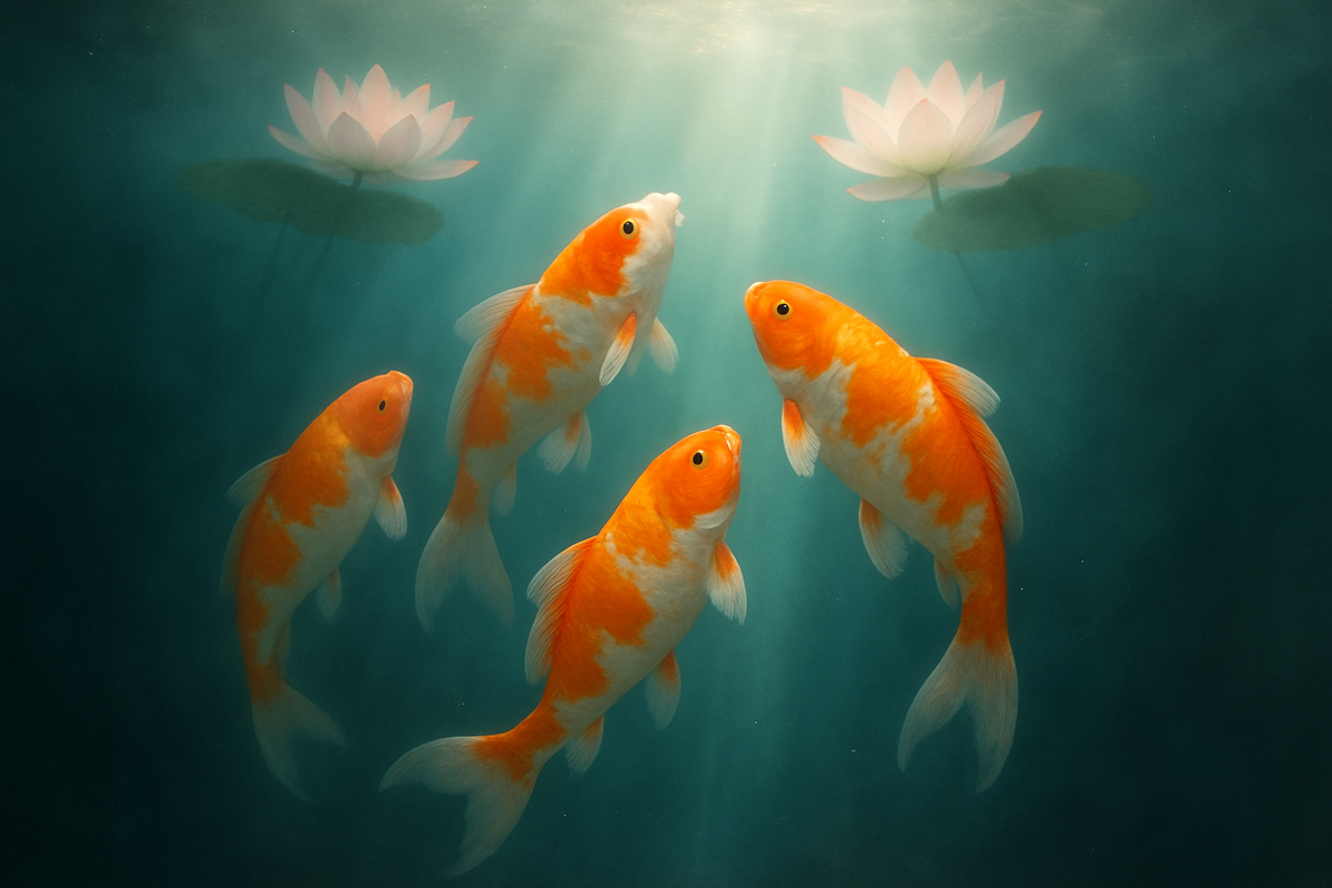 Koi fish swimming upward through light beneath lotus flowers