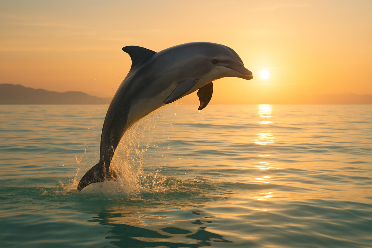 A dolphin leaping joyfully out of calm turquoise ocean water at sunrise