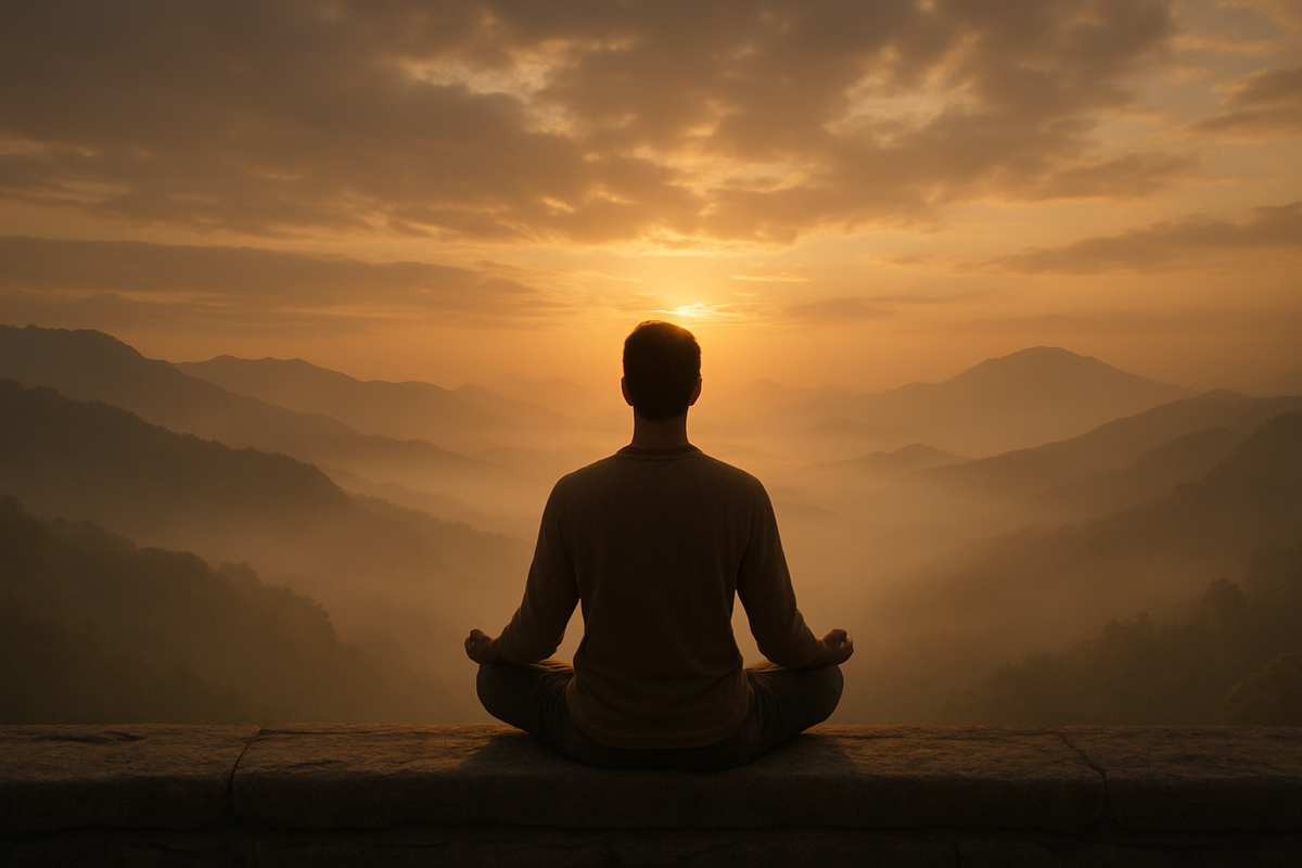 Person meditating at sunrise on a mountain ledge symbolizing spiritual awakening