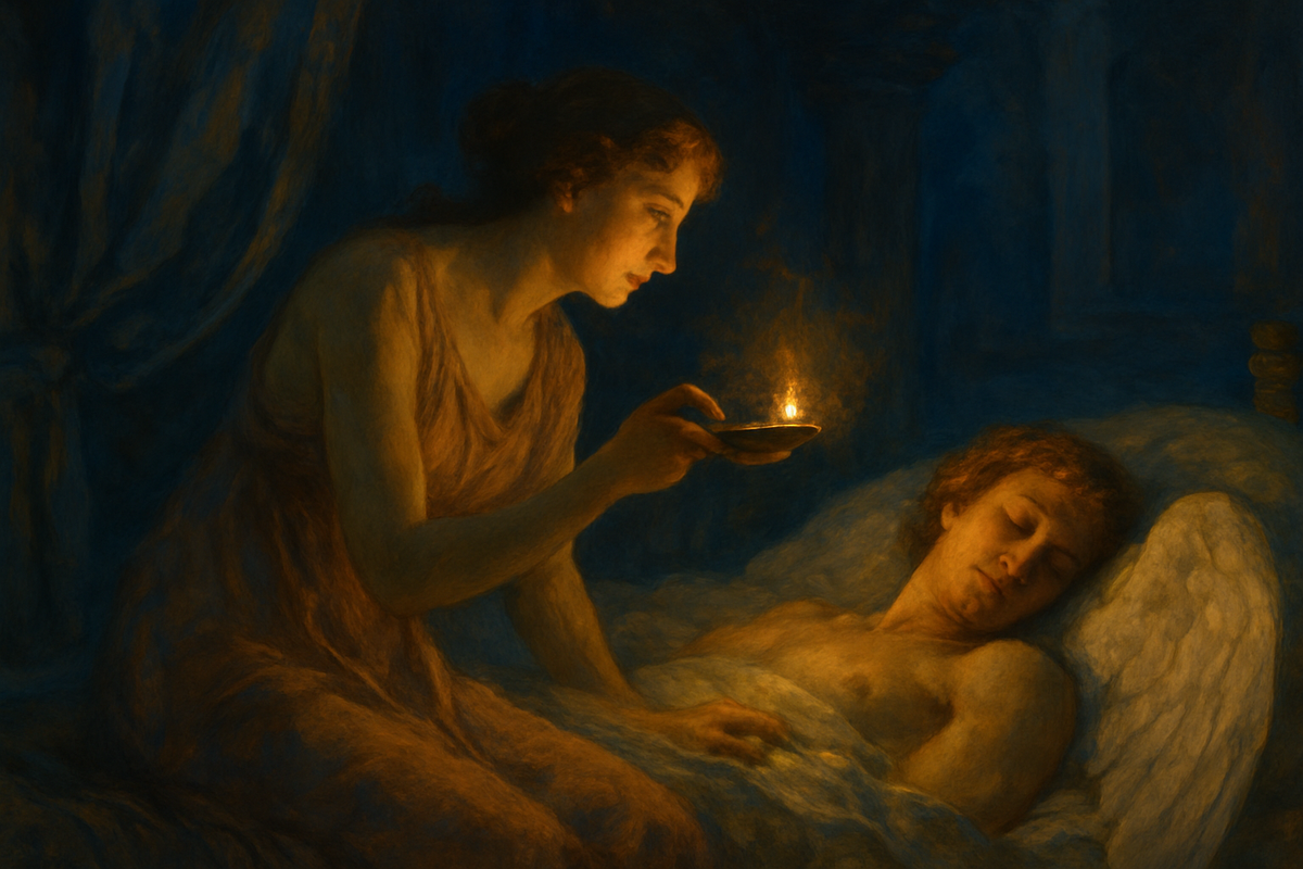 Psyche holding a lamp over the sleeping god Eros at night
