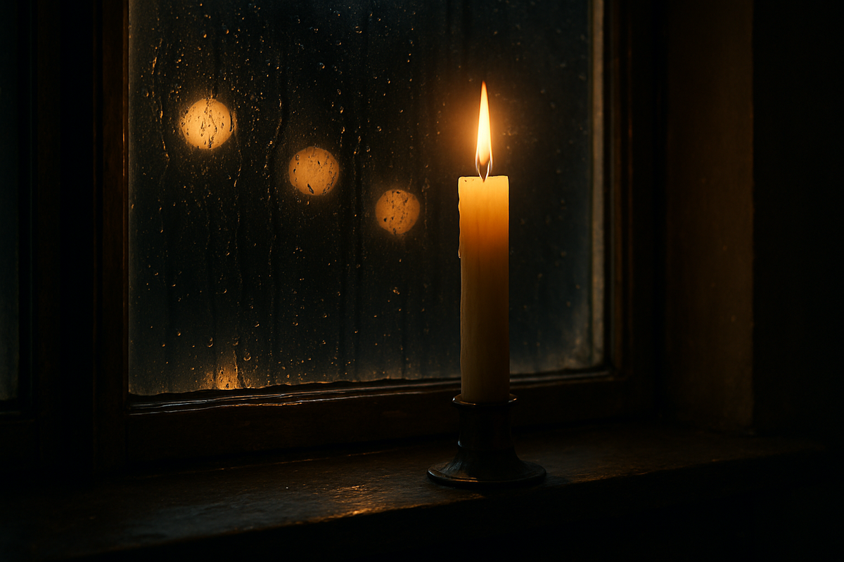 A candle glowing softly by a rainy window symbolizing new beginnings in love