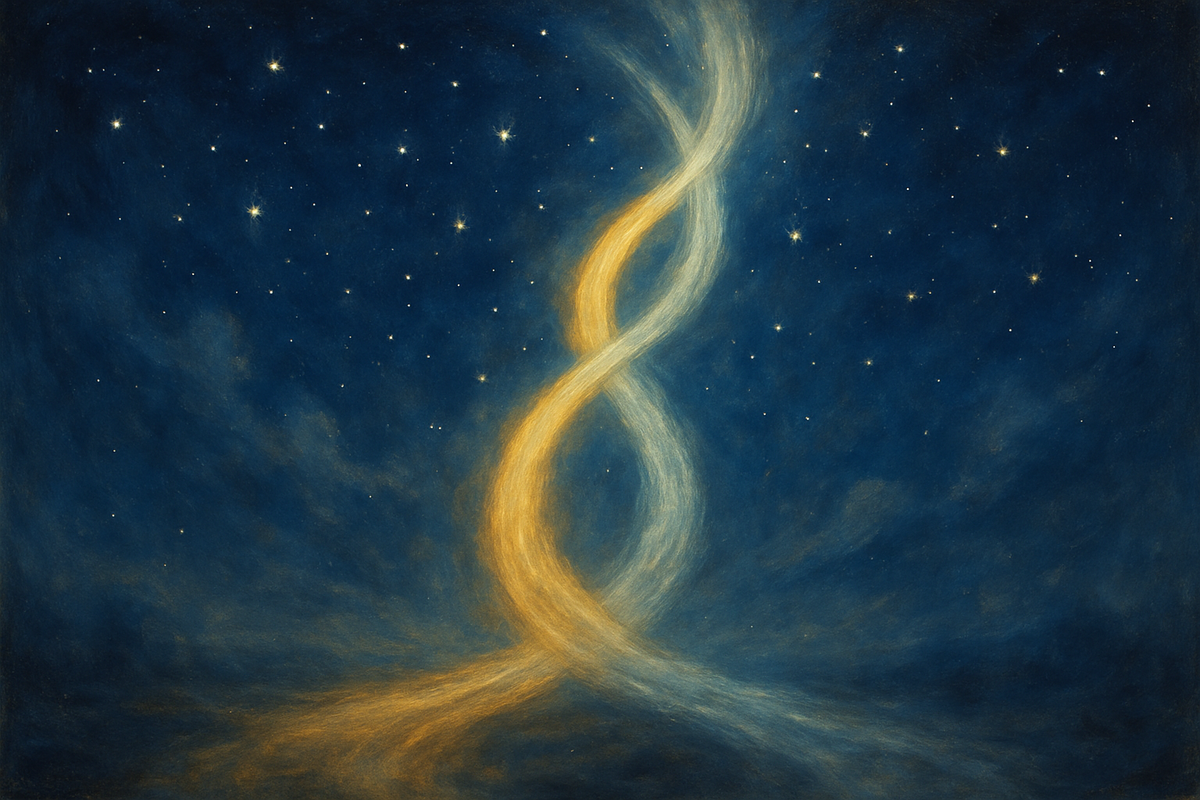 Two paths of light merging under a starry sky symbolizing twin flame reunion